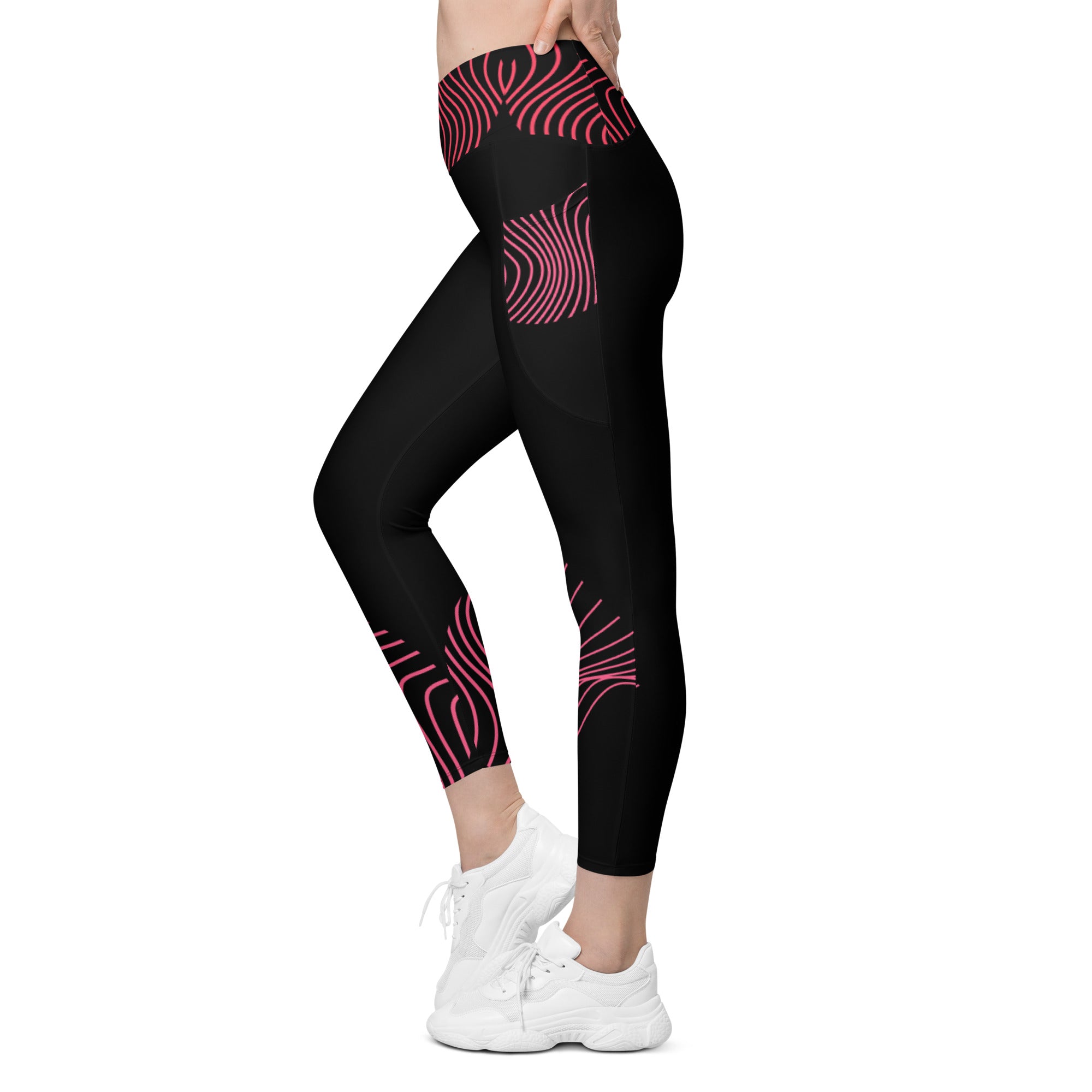 Black crossover leggings with pockets- activewear for gym girls. Fitness or yoga pants. RippleFX by WickedYo.